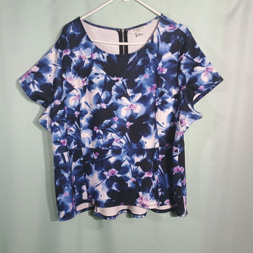 Women’s Blue Floral Print Peplum Top – Short Sleeve Scoop Neck Blouse